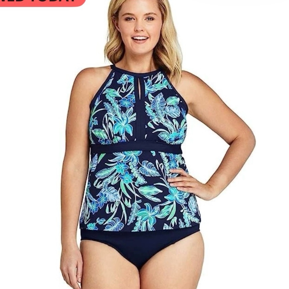 Lands' End Keyhole High Neck Tankini Top Tall Beach Tummy Control Sz 12L Resort